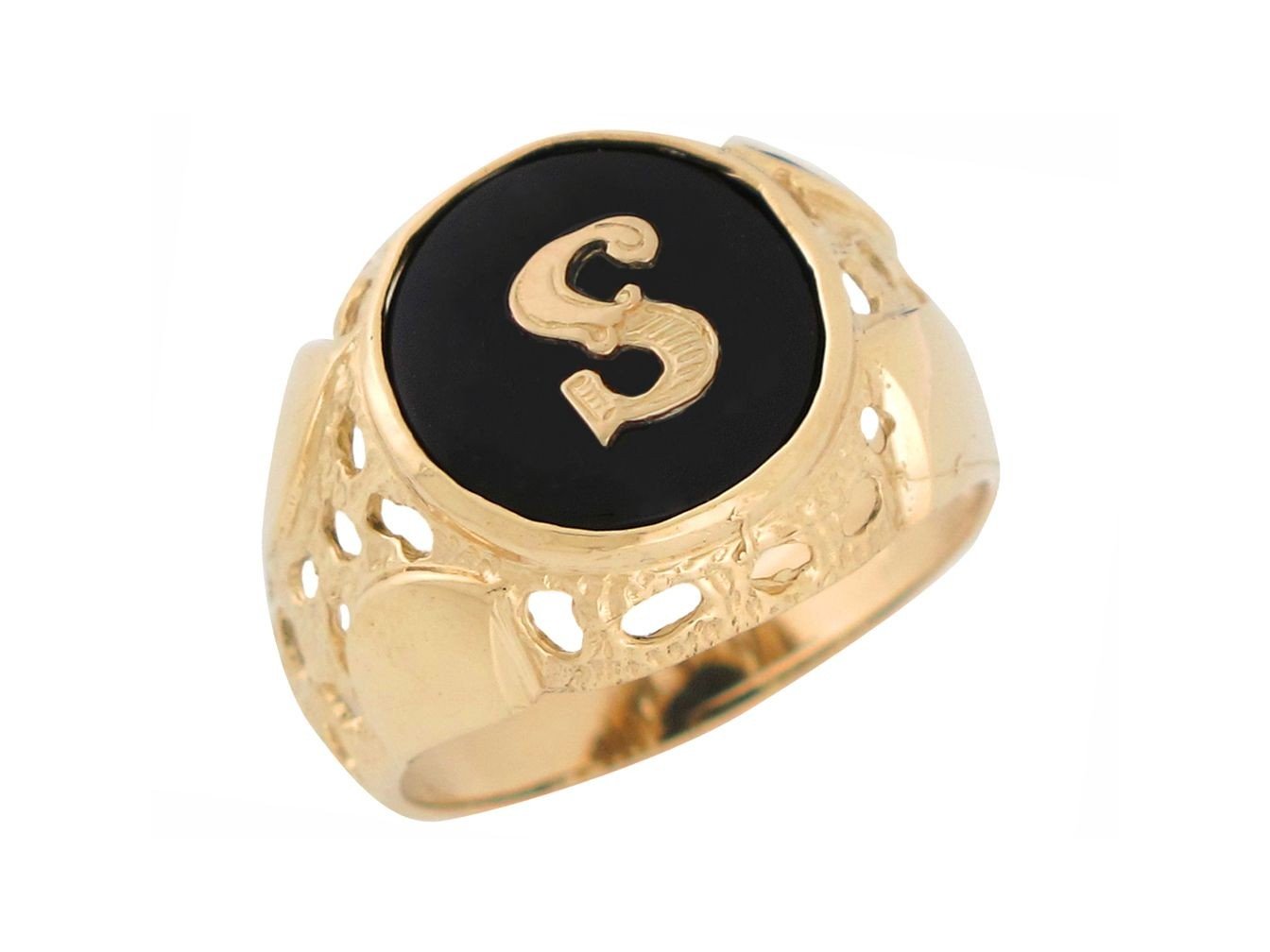 14k Yellow Gold Bezel Set Bold Black Onyx Mens Unique Nugget Init