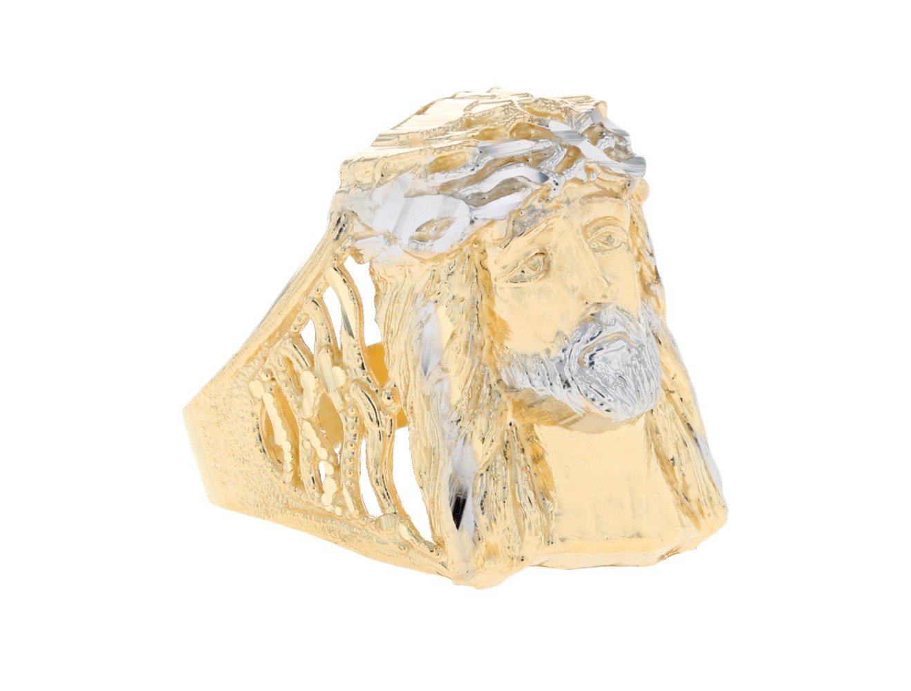 10k Two Tone Gold Stunning FIligree and Diamond Cut Jesus Head Mens Ring