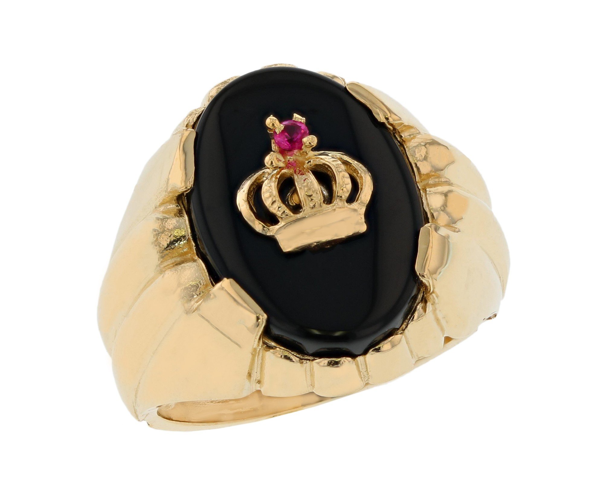 10k Yellow Gold Mens Regal Crown on Onyx Unique Setting Heavy Ring