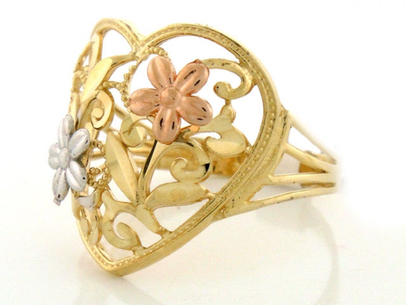 10k Solid Gold Tri-Color Flower Heart Diamond Cut Ring