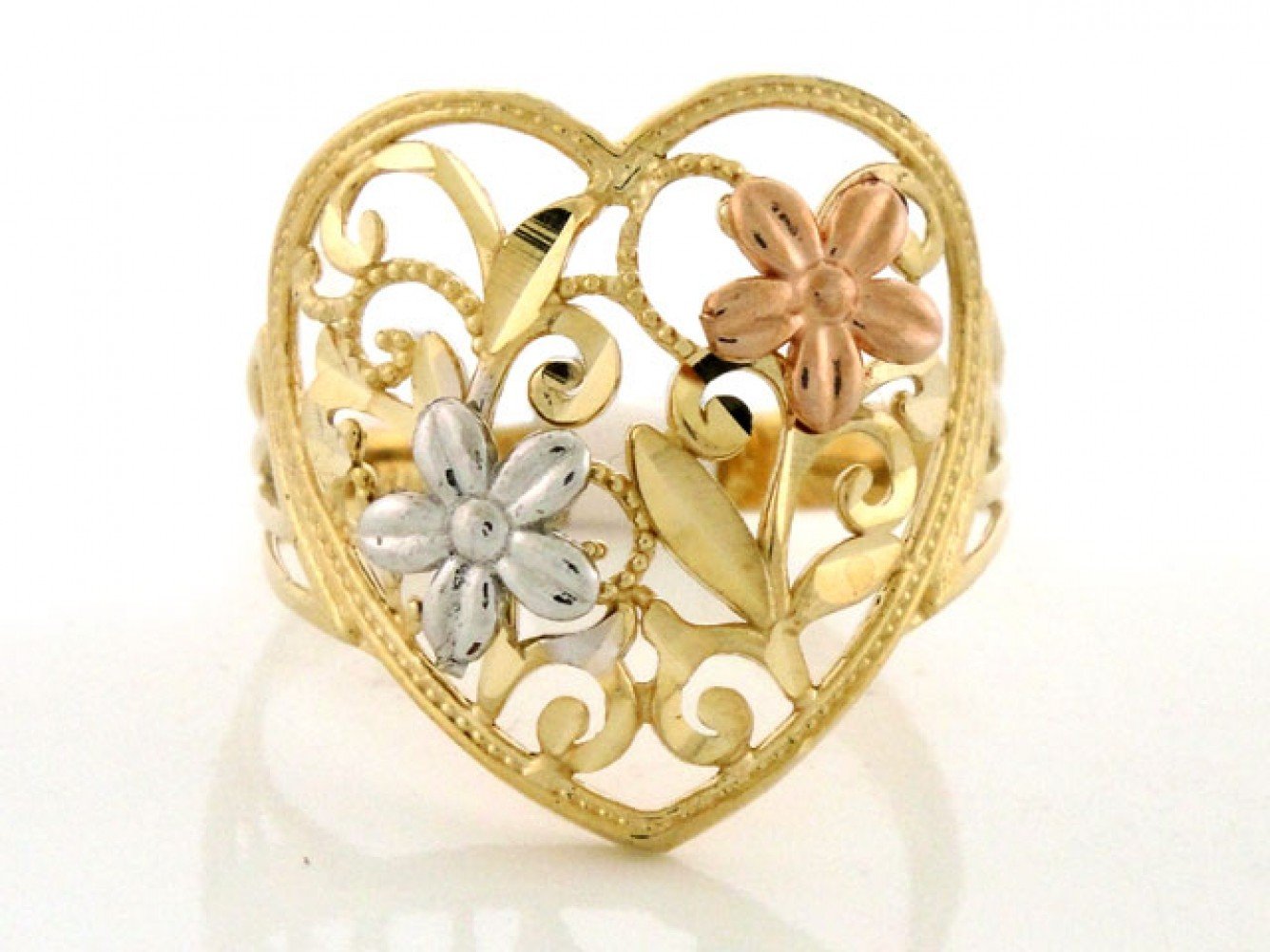 10k Solid Gold Tri-Color Flower Heart Diamond Cut Ring