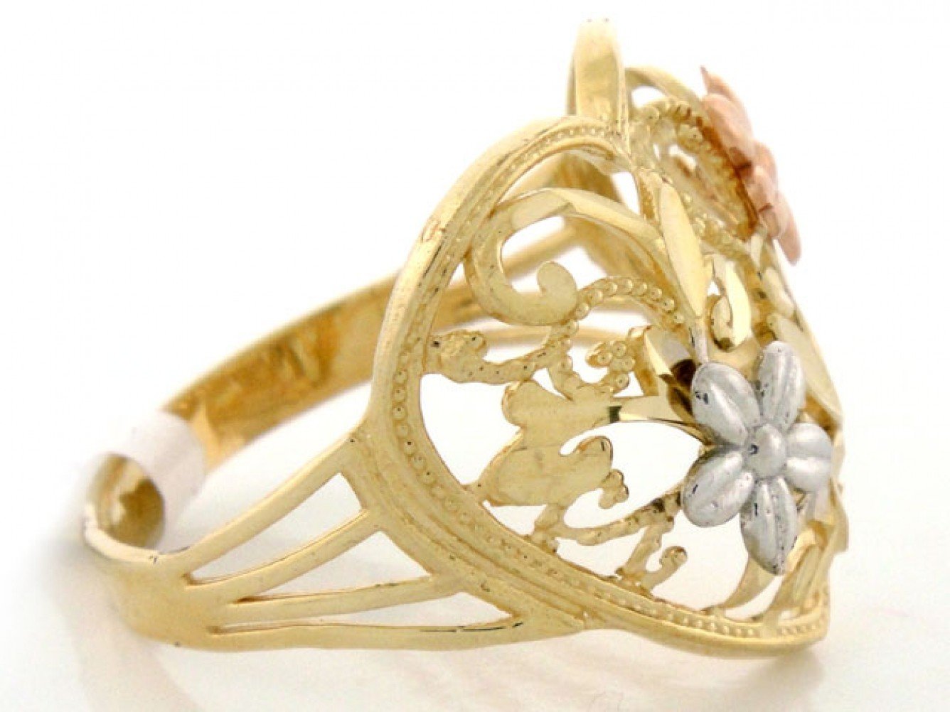 10k Solid Gold Tri-Color Flower Heart Diamond Cut Ring