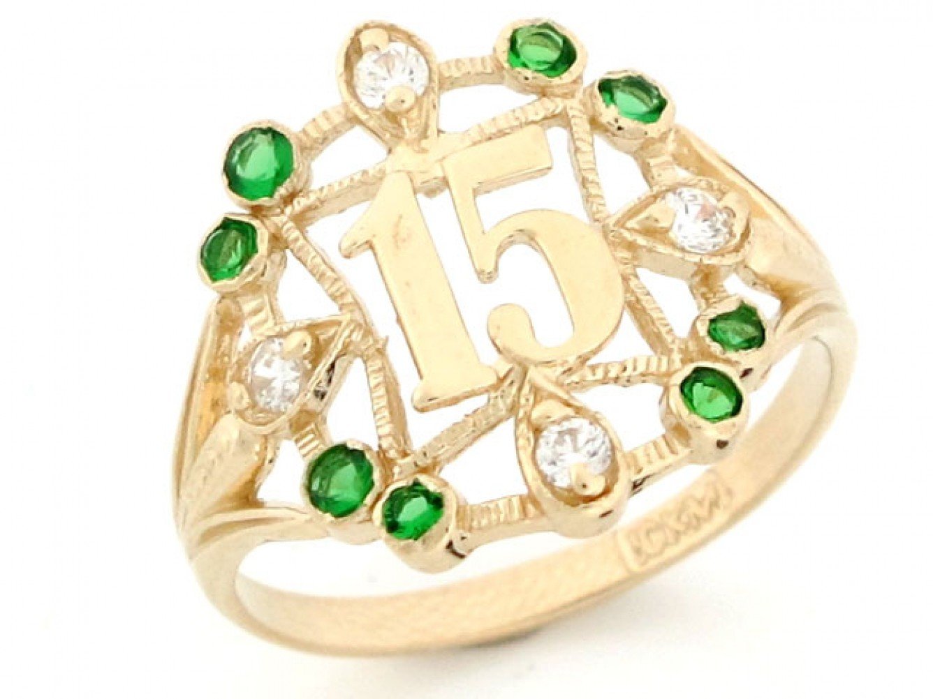 10k Gold Simulated Emerald 15 Anos May Birthstone Ring