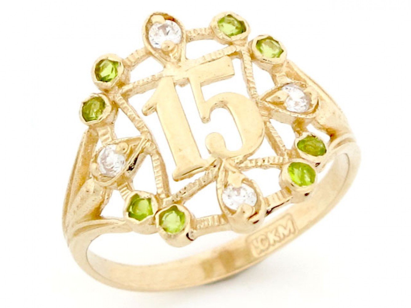 10k Gold Simulated Peridot 15 Anos Birthstone Ring