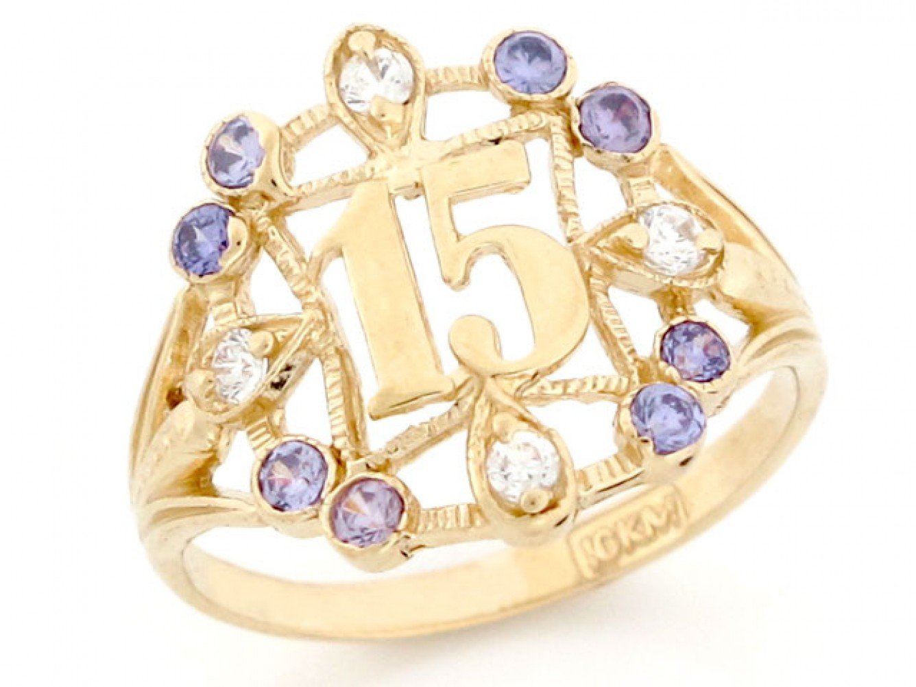 10k Gold Simulated Amethyst 15 Anos Birthstone Ring