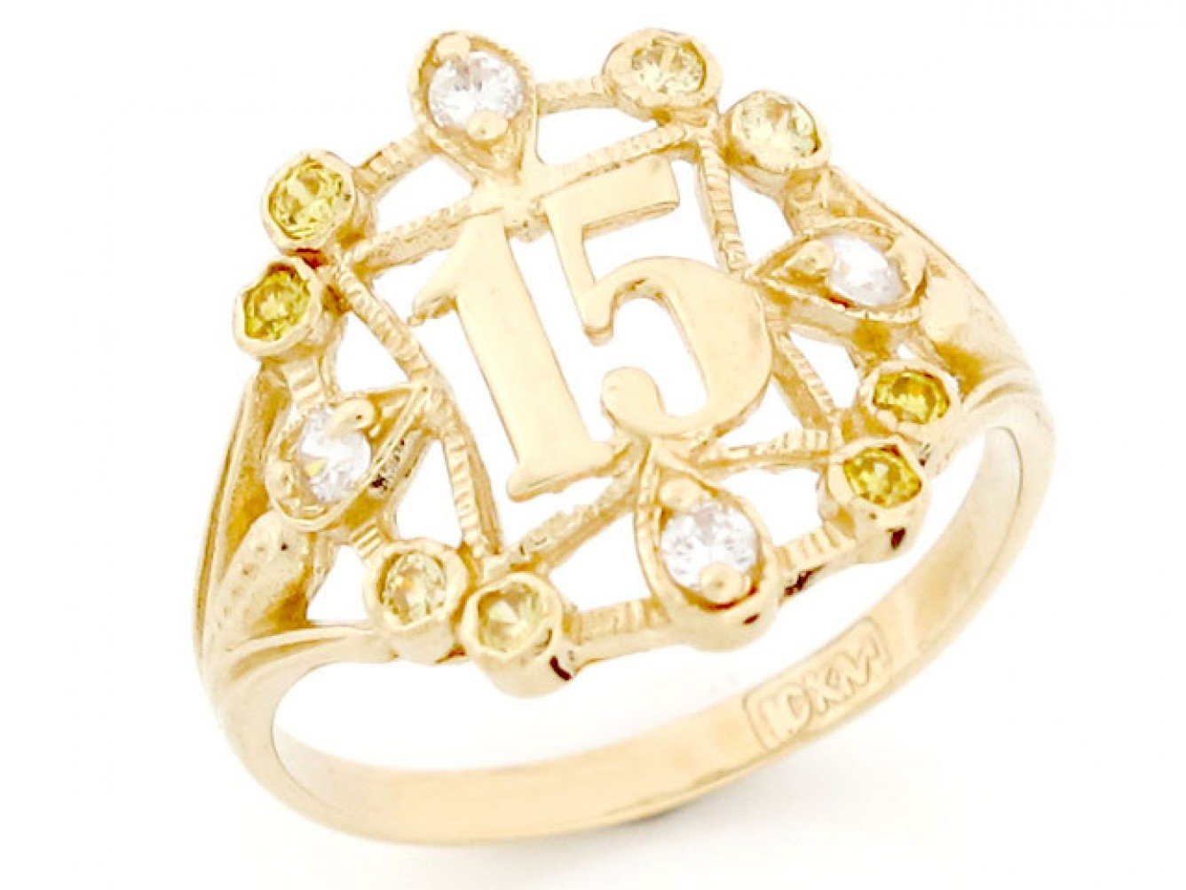 10k Gold Yellow CZ 15 Anos Quinceanera Simulated Birthstone Ring