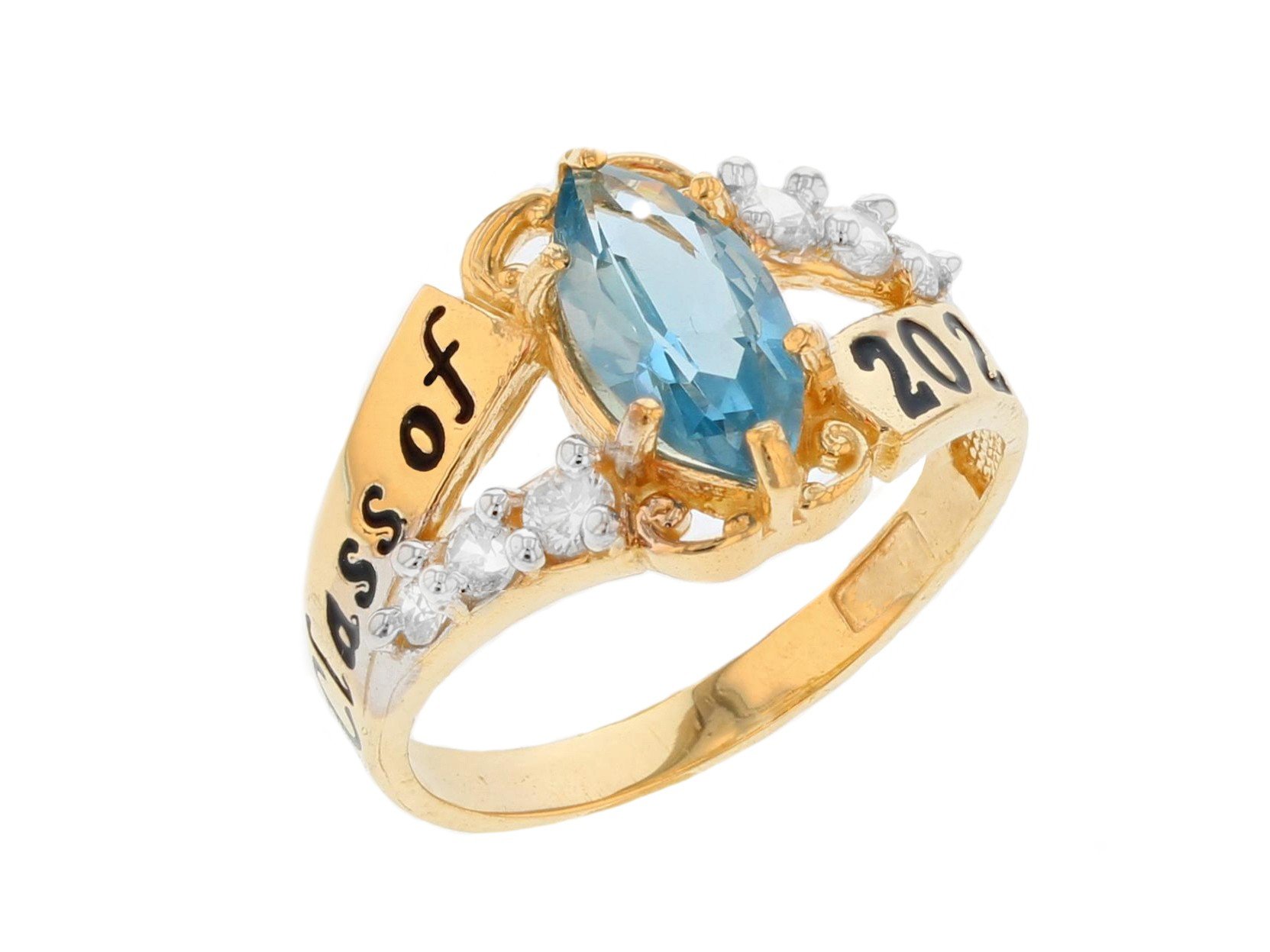 10k Gold Simulated Aquamarine March Birthstone 2023 Class Graduation Ring