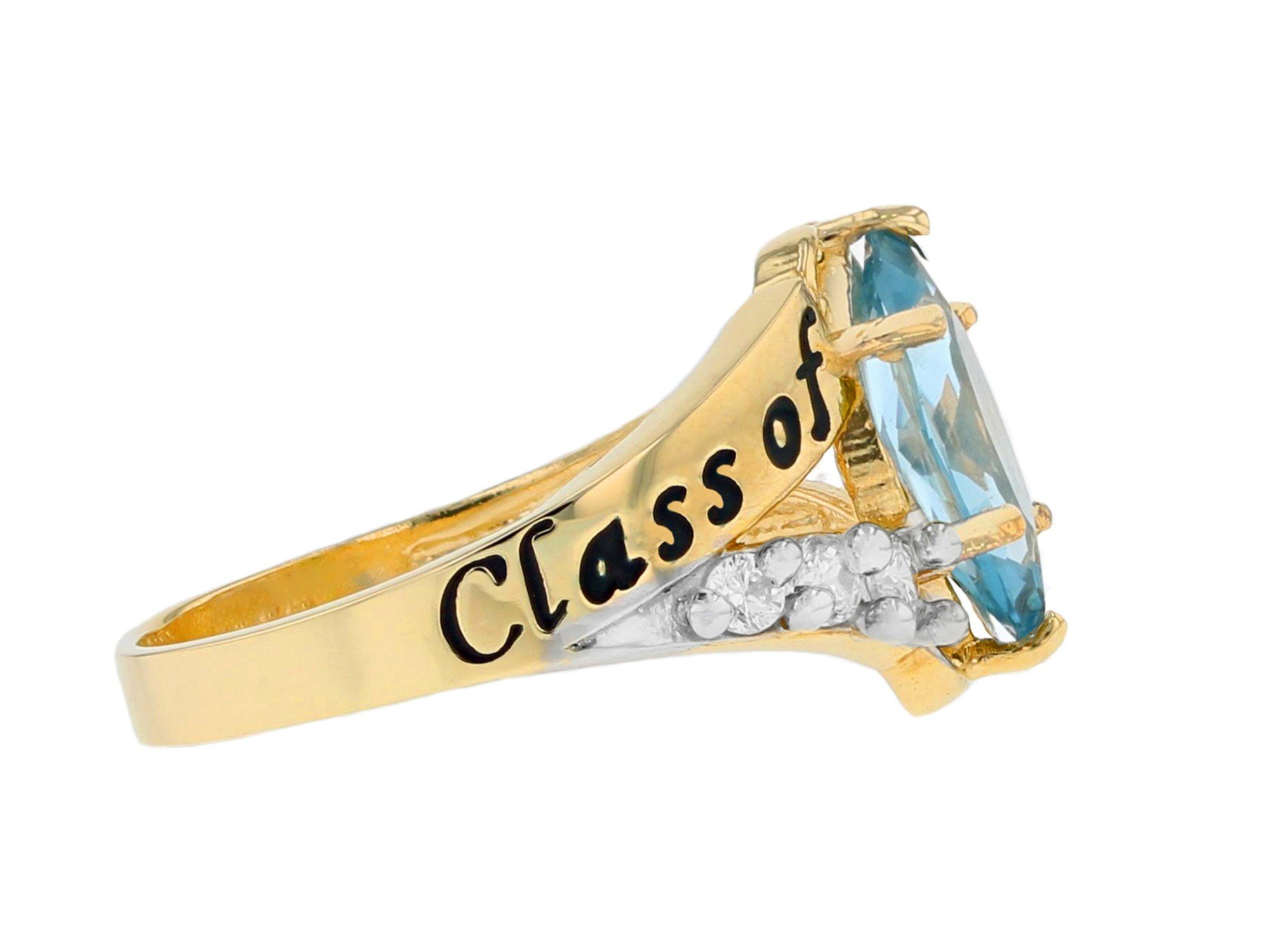 10k Gold Simulated Aquamarine March Birthstone 2023 Class Graduation Ring