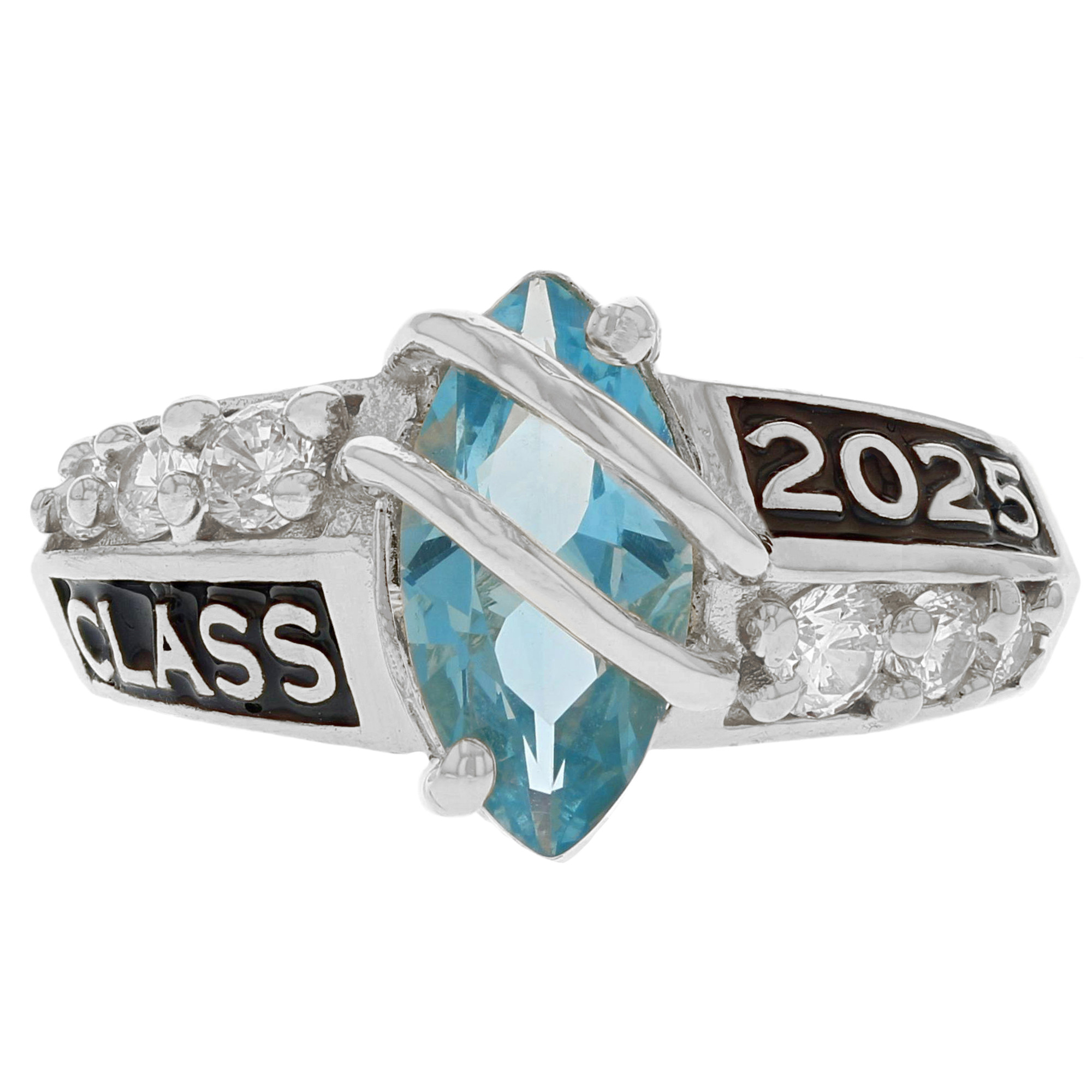 10k White Gold Simulated Aquamarine March Birthstone 2023 Class Graduation Ring