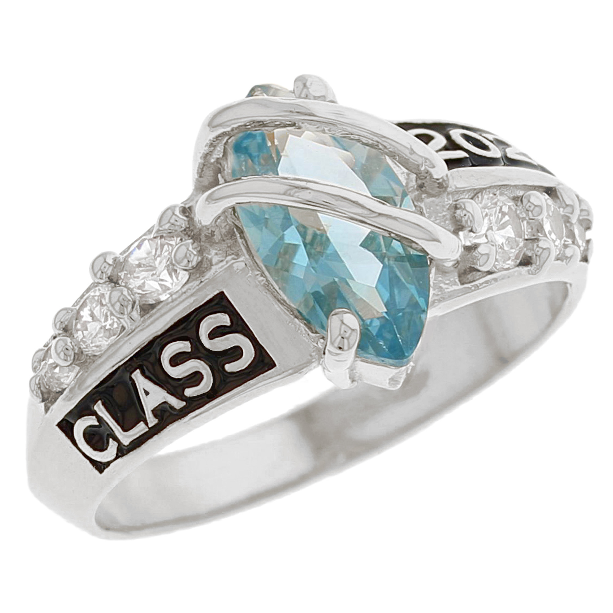 10k White Gold Simulated Aquamarine March Birthstone 2023 Class Graduation Ring