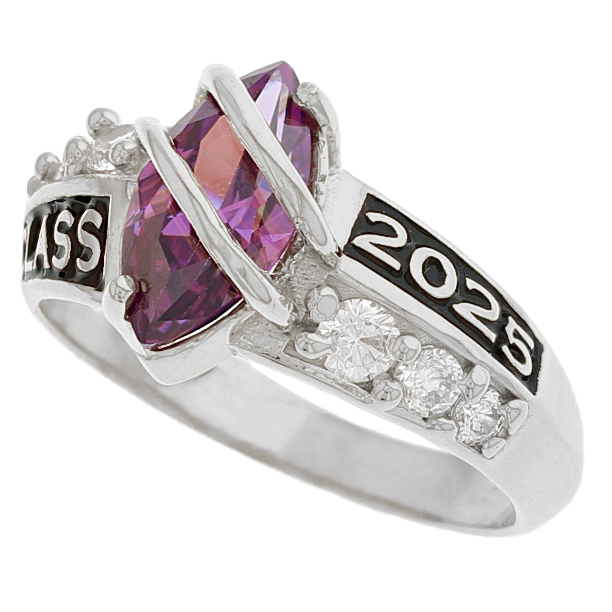 10k White Gold Simulated Amethyst February Birthstone 2023 Class Graduation Ring