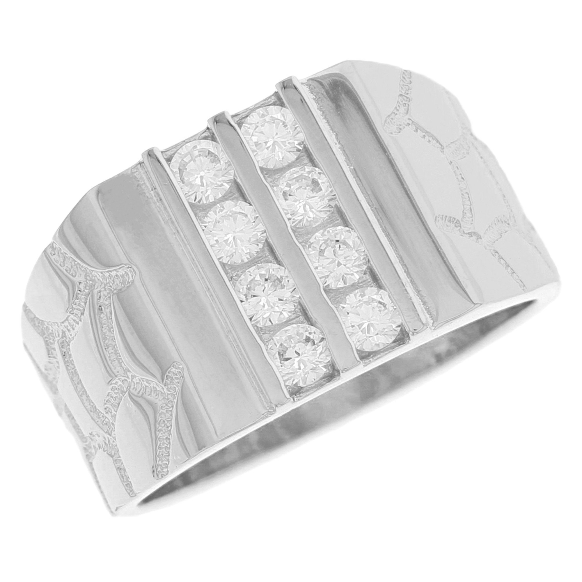 10k Solid White Gold Nugget 2 Row CZ Unique Mens Ring