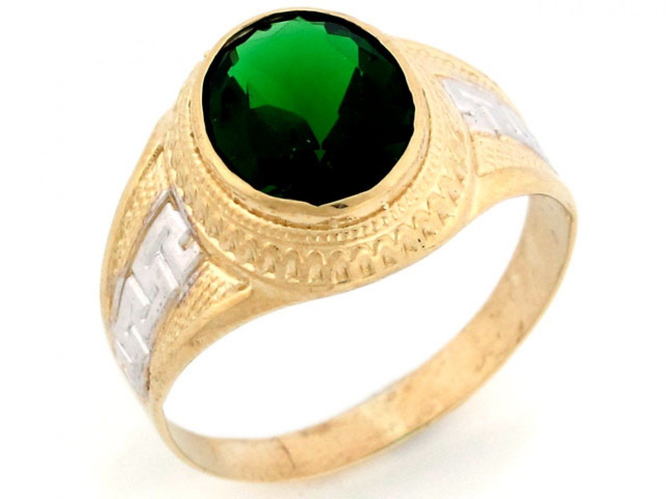 10k two tone solid gold 12x10 oval Simulated Emerald May birthstone mens Ring