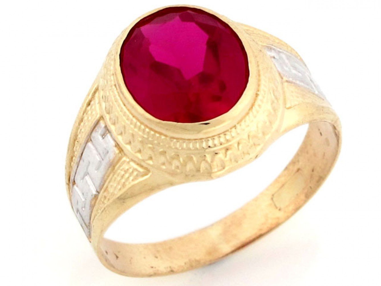 10k two tone solid gold 12x10 oval Simulated Ruby July birthstone mens Ring