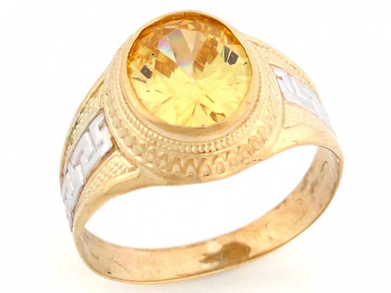 10k two tone gold oval yellow cz Simulated November Birthstone Greek design mens Ring