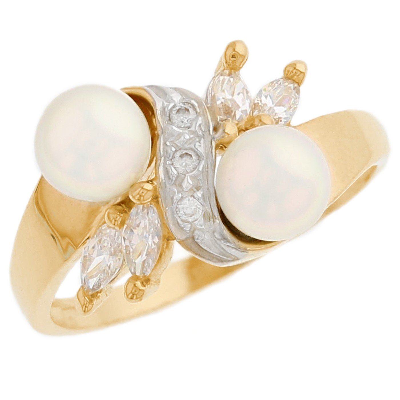 10k Solid Gold Marquise CZ & Two Cultured Pearl Unique Ring Jewelry