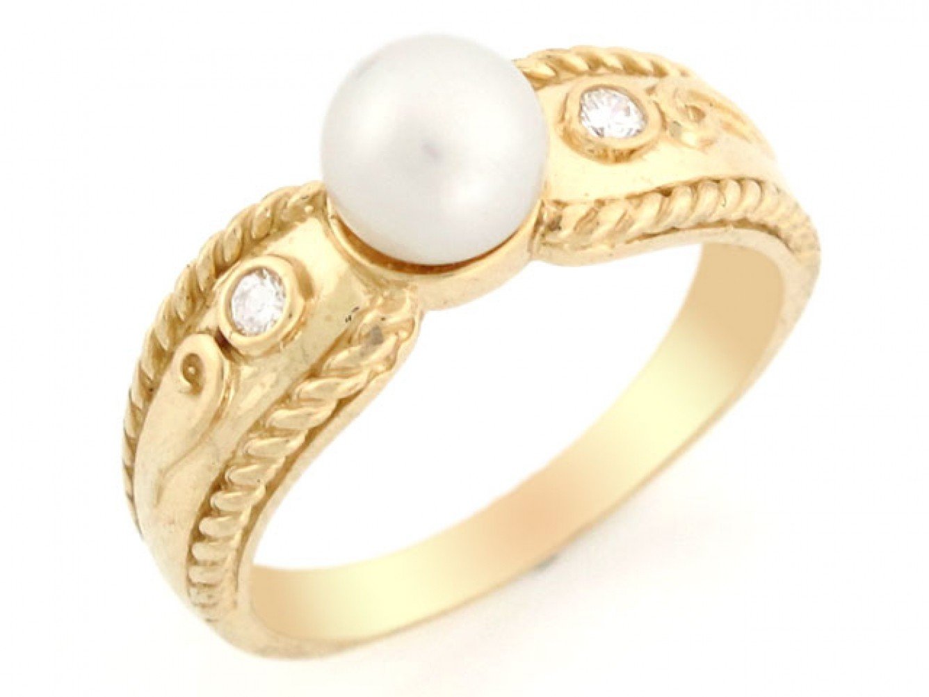 10k Solid Yellow Gold CZ & Freshwater Cultured Pearl Rope Design Elegant Ring Jewelry