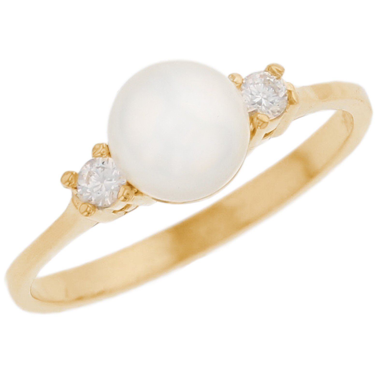 10k Solid Gold CZ & Freshwater Cultured Pearl 3 Stone High Polish Every Day Ring Jewelry