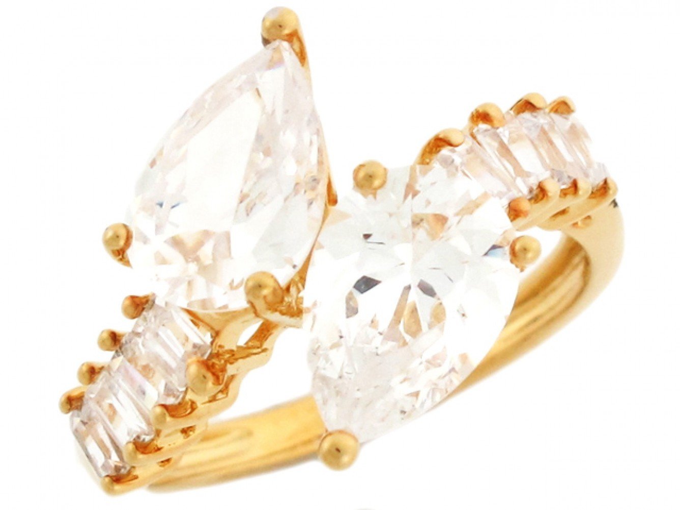 10k Yellow Gold Pear CZ Bypass Ring with Baguette Channel Set Accents