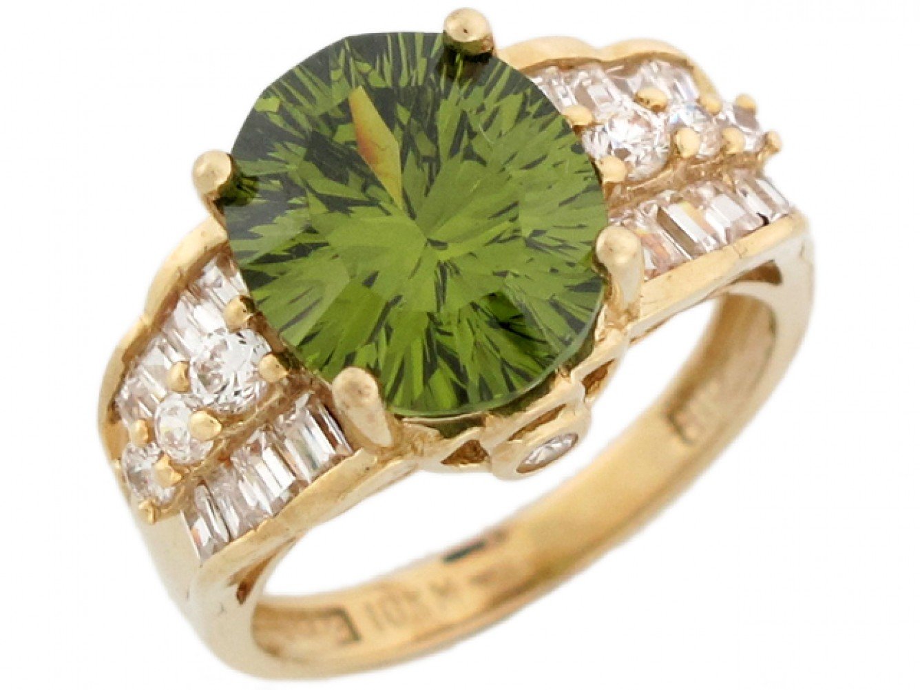 10k Yellow Gold 3 Row Oval Simulated Peridot with White CZ Accents