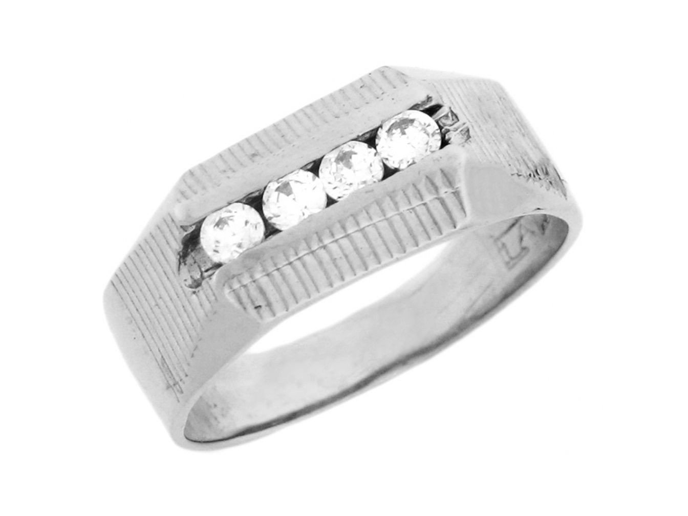 10k White Gold Mens Channel Set Round CZ Ring with Engraved Detail