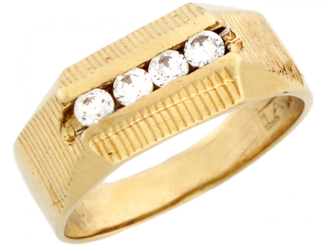 10k Yellow Gold Mens Channel Set Round CZ Ring with Engraved Detail