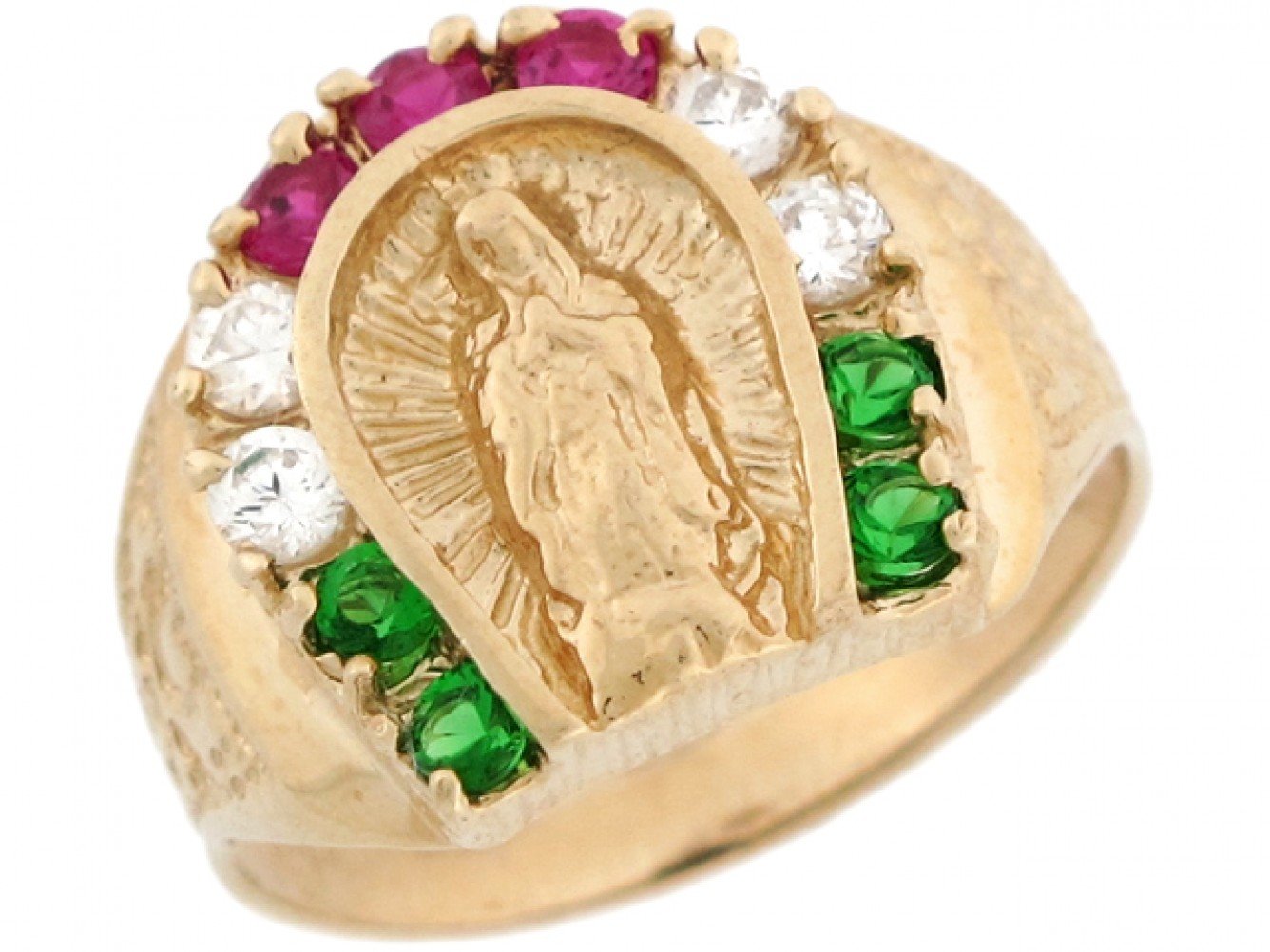 14k Real Gold Virgin Mary Lady Guadalupe Lovely Horseshoe CZ Mens Ring