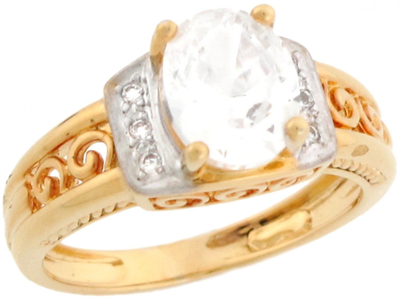 10k Solid Two-Tone Gold Oval CZ Filigree Ring with Round Accents
