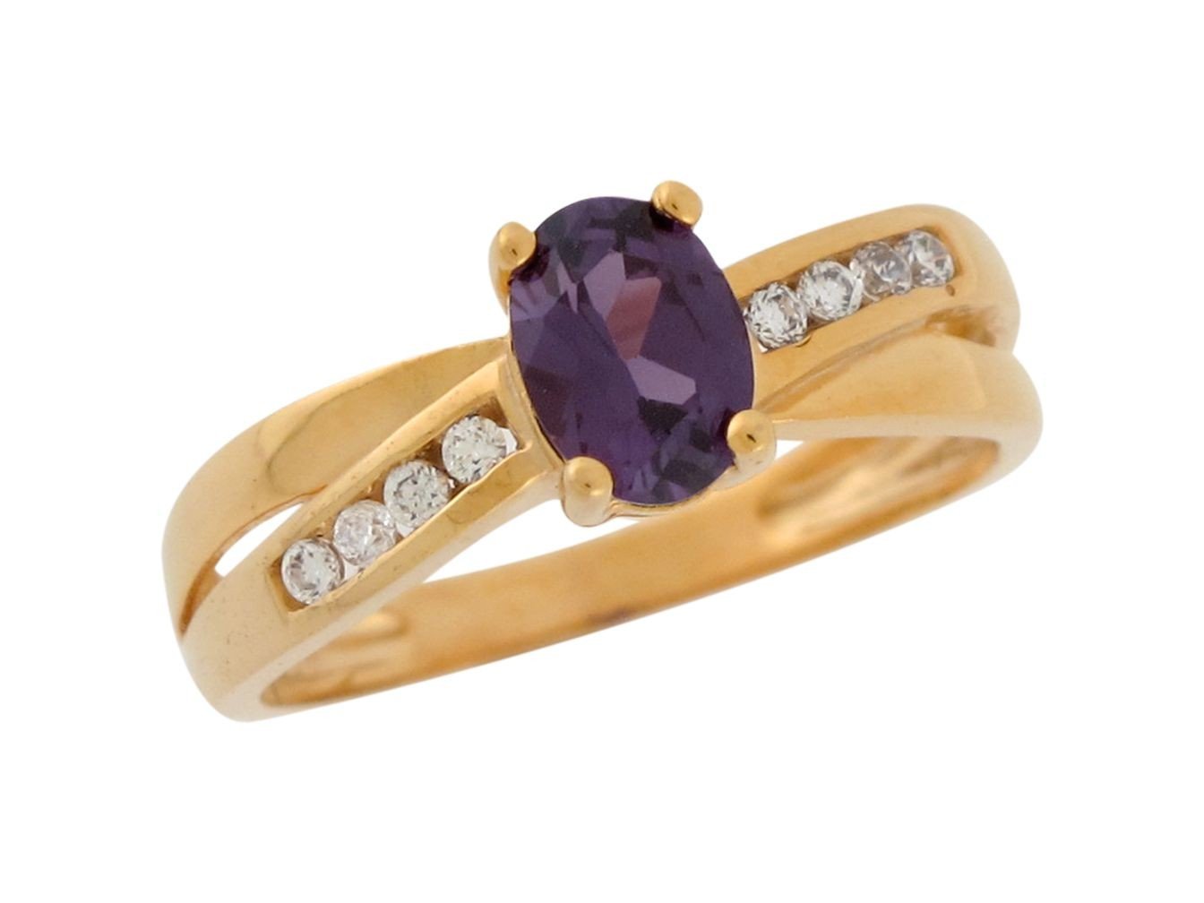 10k Yellow Gold Simulated Amethyst and White CZ Fancy Ladies Bridge Design Ring