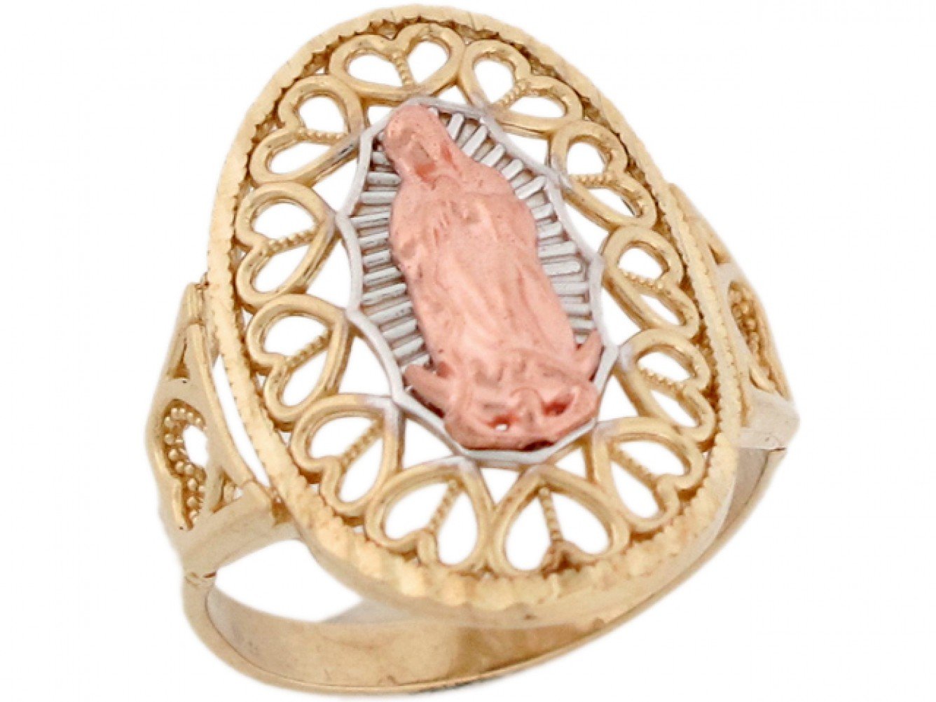 10k Tri Color Gold Virgin Mary Guadalupe Filigree Heart Design Ring