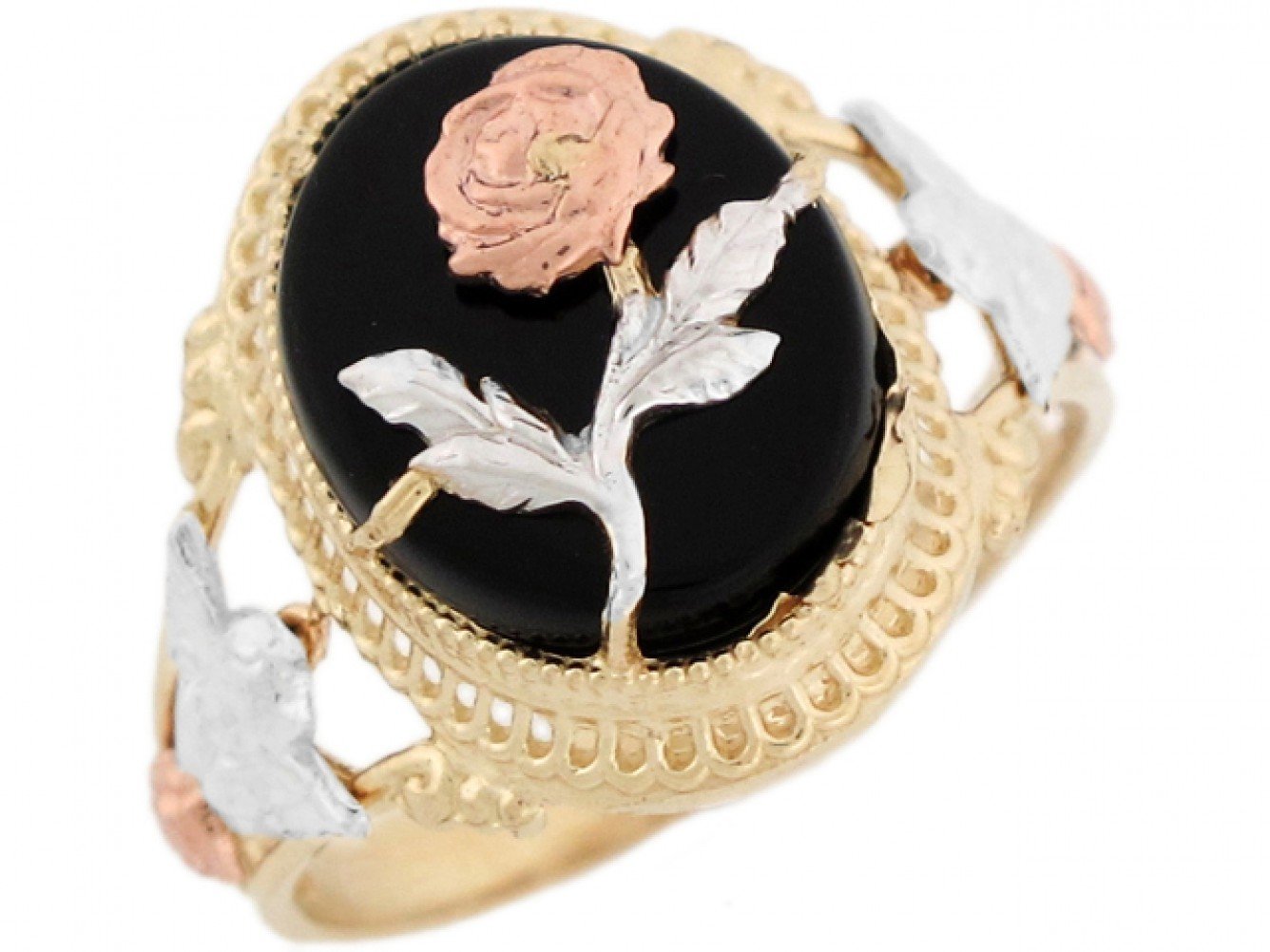 14k Tri Color Gold Oval Onyx Angels on The Sides Rose Flower Ring