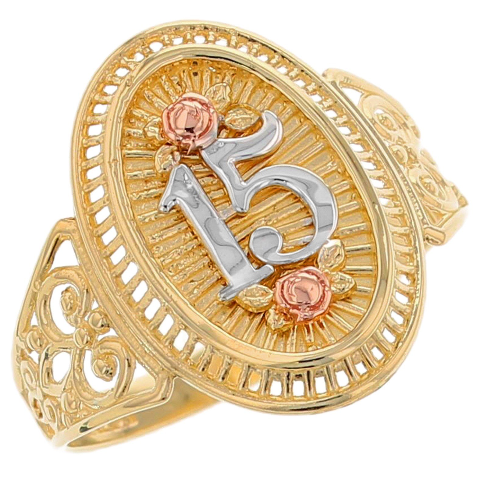 14k Three Tone Real Gold Rose Flower 15 Anos Birthday Oval Ring(J