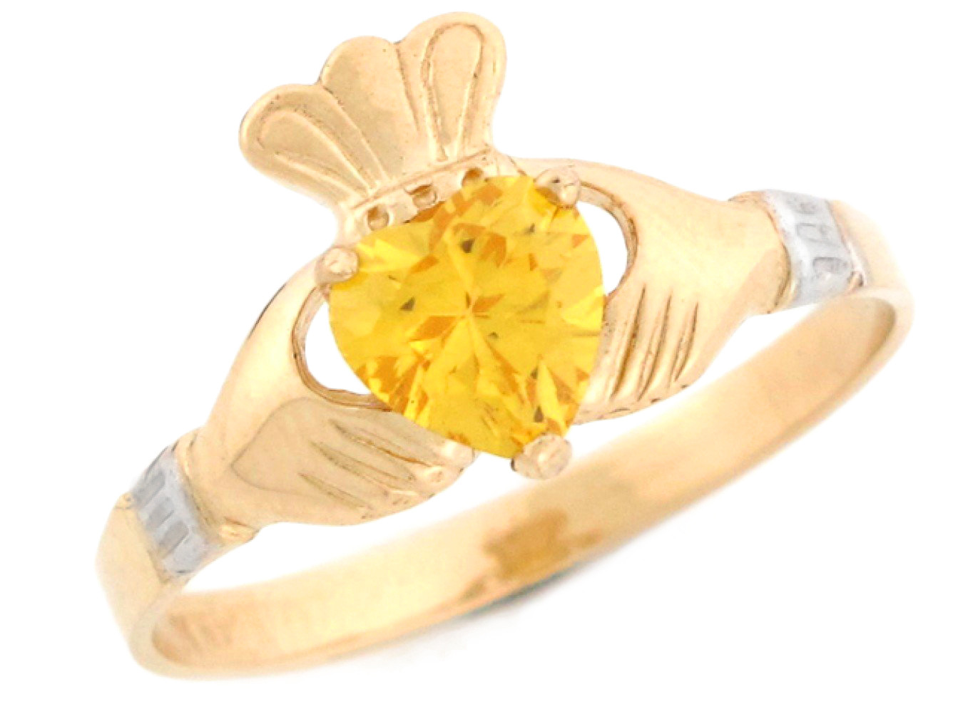 10k Two Tone Gold Claddagh Heart Yellow CZ Simulated November Birthstone Ring