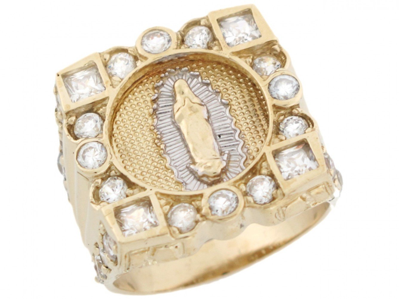 10k Two-Tone Gold Cluster White CZ Virgin Mary of Guadalupe Mens Ring