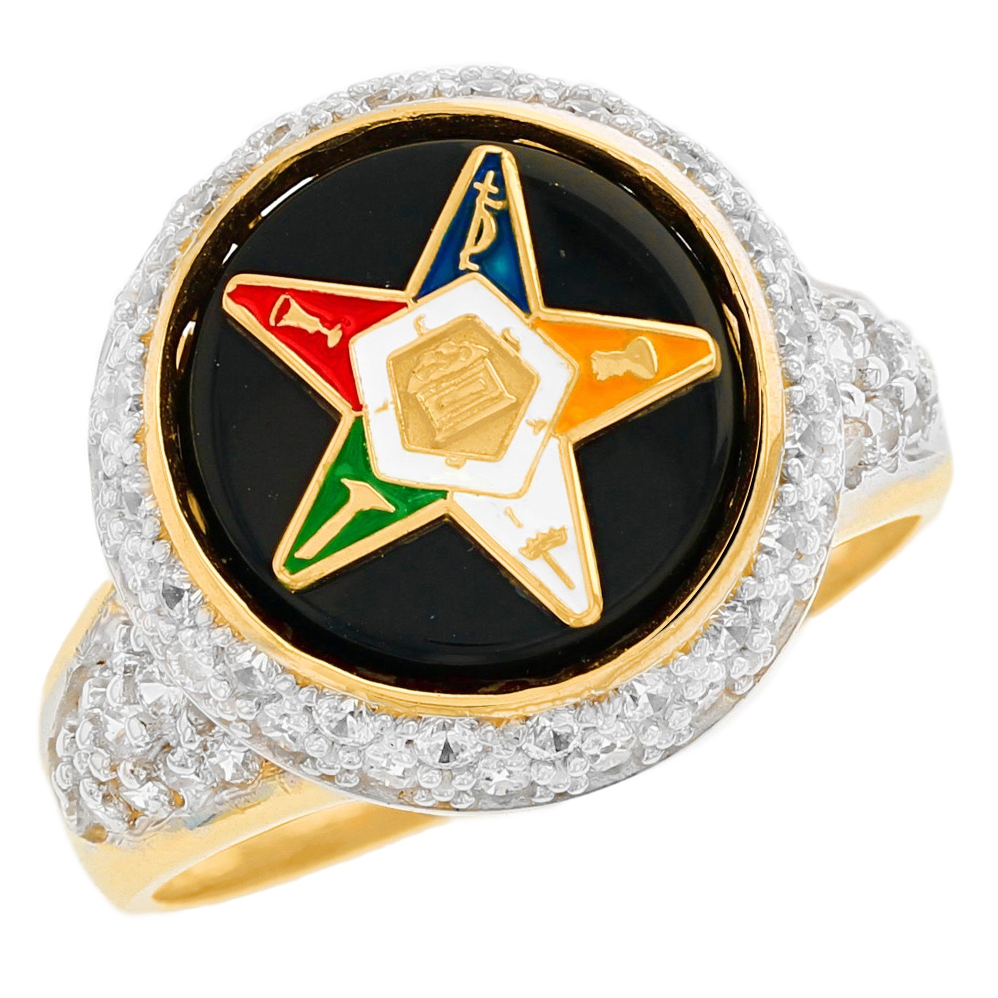 14k Two Tone Gold CZ Cluster Onyx Enameled Eastern Star Ladies Ring