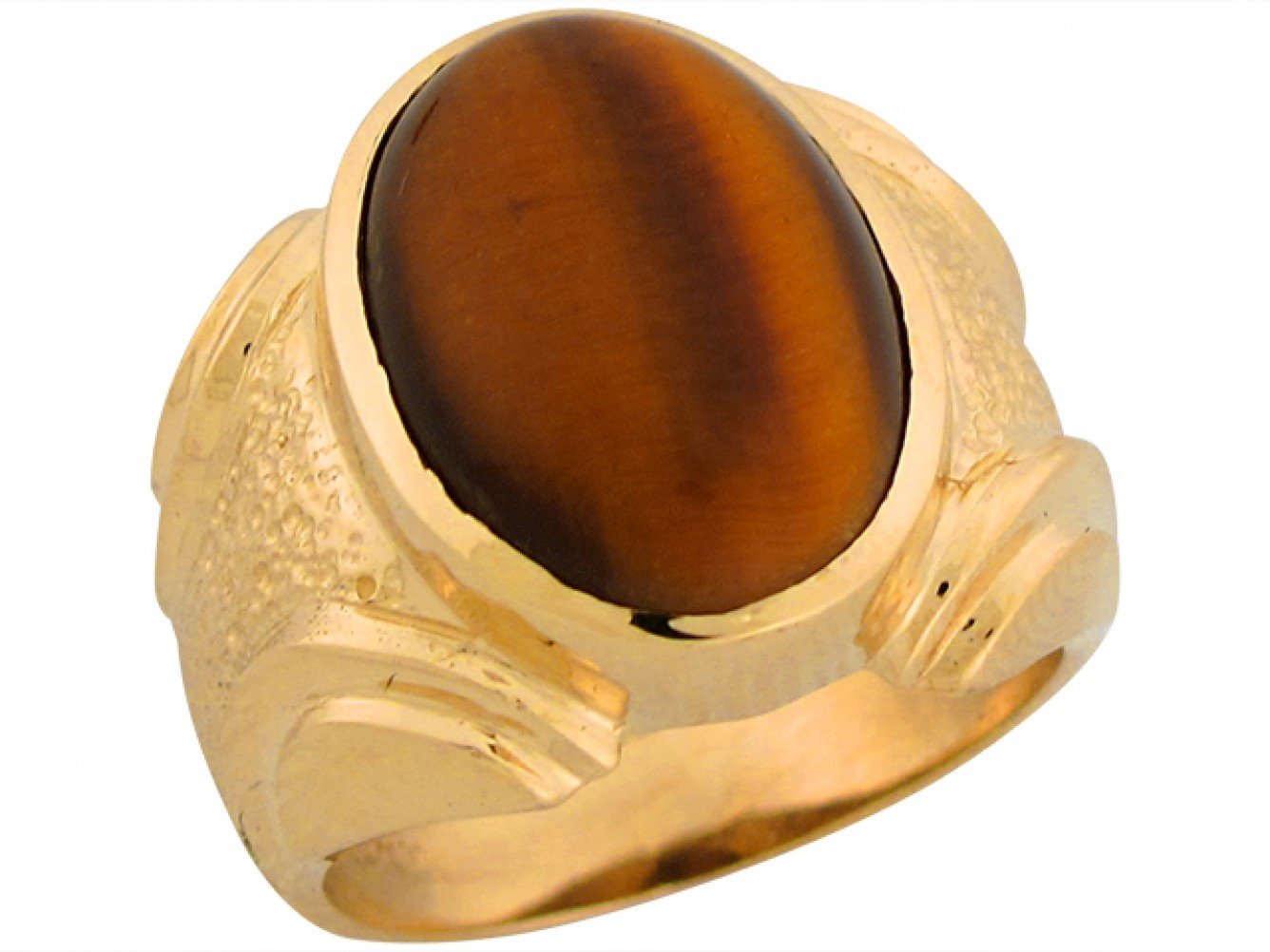 14k Solid Yellow Gold Nugget Synthetic Tiger Eye Handsome Mans Ring