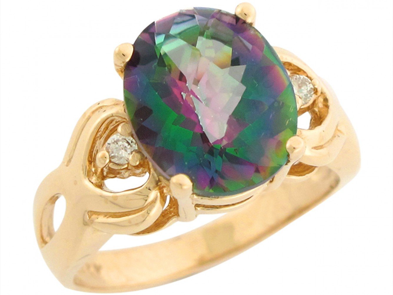 14k Real Yellow Gold Mystic Topaz Diamond Heart Accent Ladies Ring