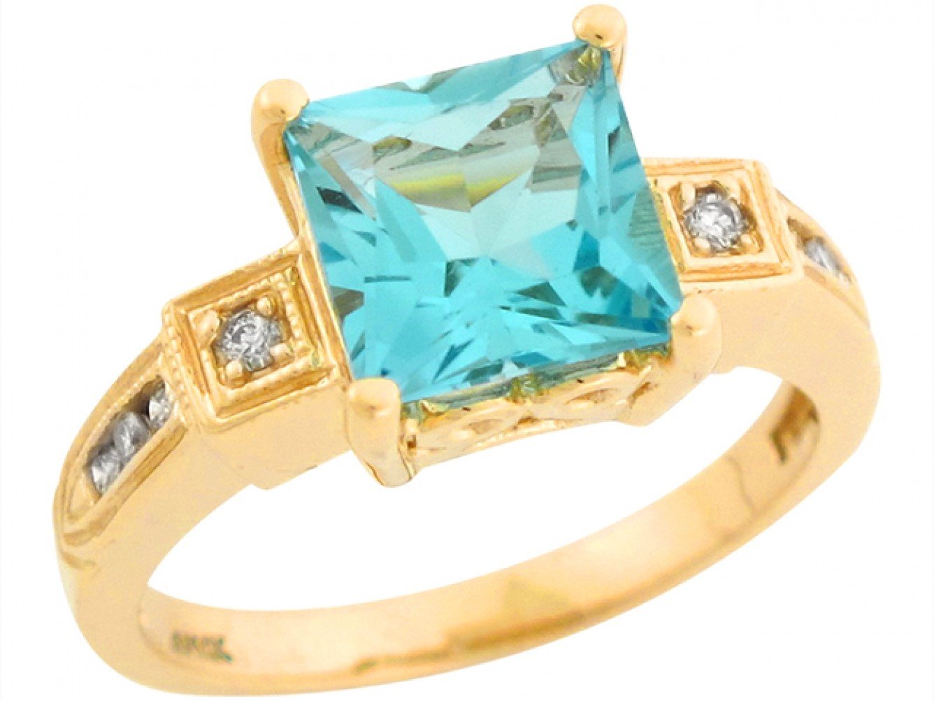 14k Yellow Gold Square Blue Topaz Diamond Accent Vintage Style Ring