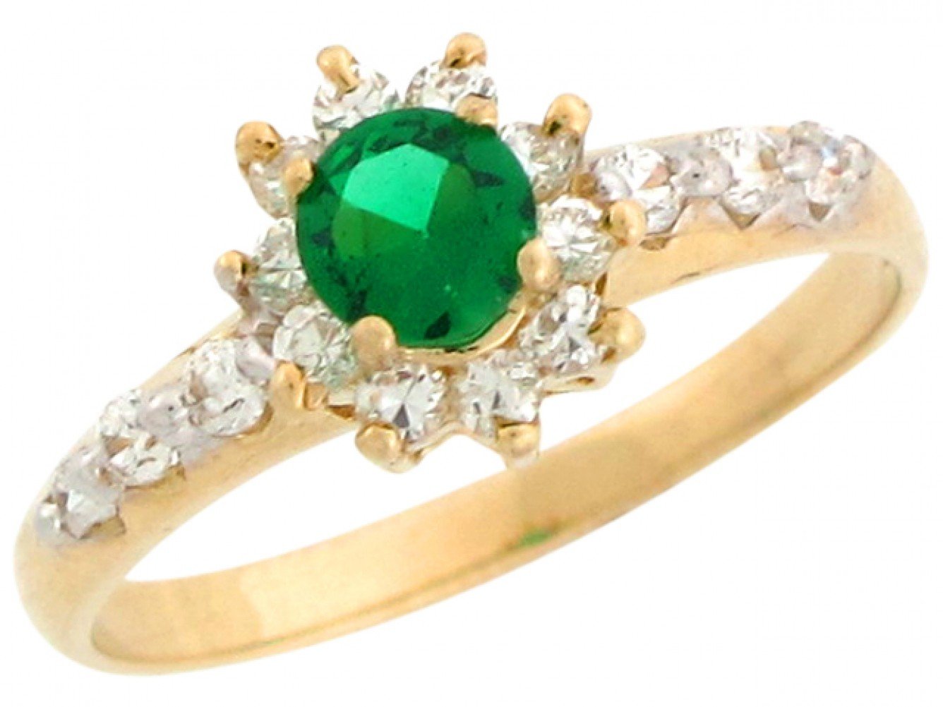 10k Real Gold White CZ Accent Simulated Emerald May Birthstone Ring