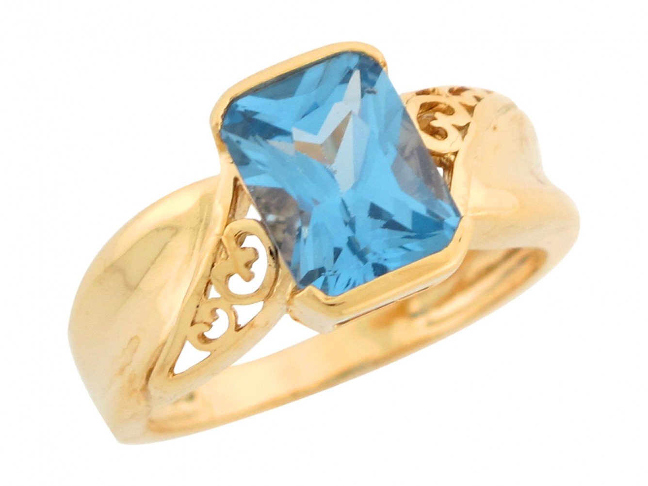 10k Gold Simulated Blue Zircon Filigree Design Ladies Fashion Ring