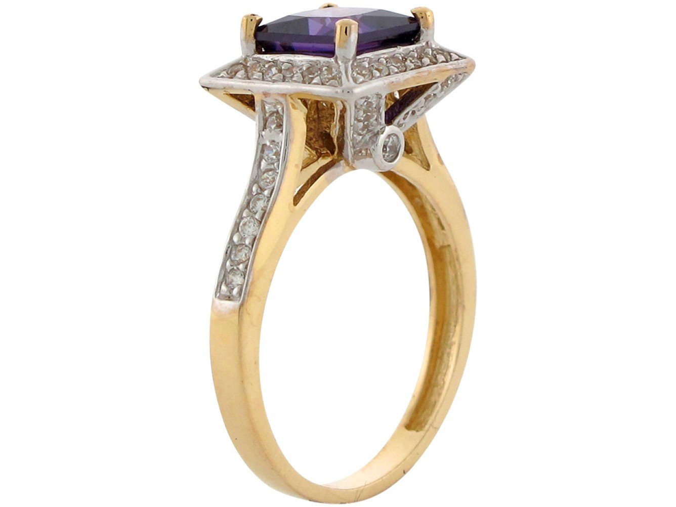 10k Two Tone Gold Simulated Amethyst CZ Accent February Birthstone Halo Ring