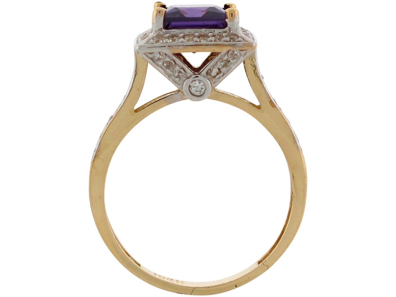 10k Two Tone Gold Simulated Amethyst CZ Accent February Birthstone Halo Ring