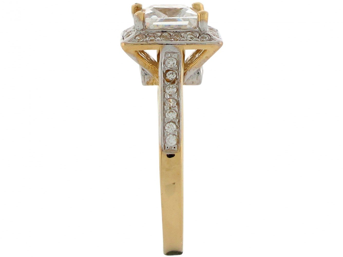 10k Two Tone Gold Square & Round White CZ Simulated April Birthstone Halo Ladies Ring