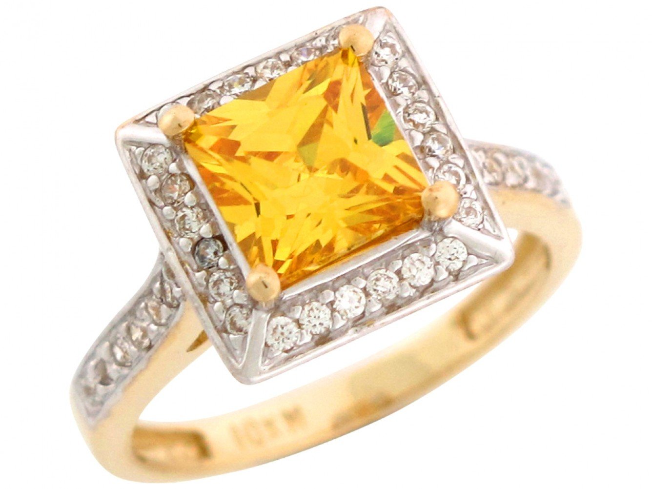 10k Two Tone Gold Square Yellow & Round White CZ Simulated November Birthstone Ladies Ring