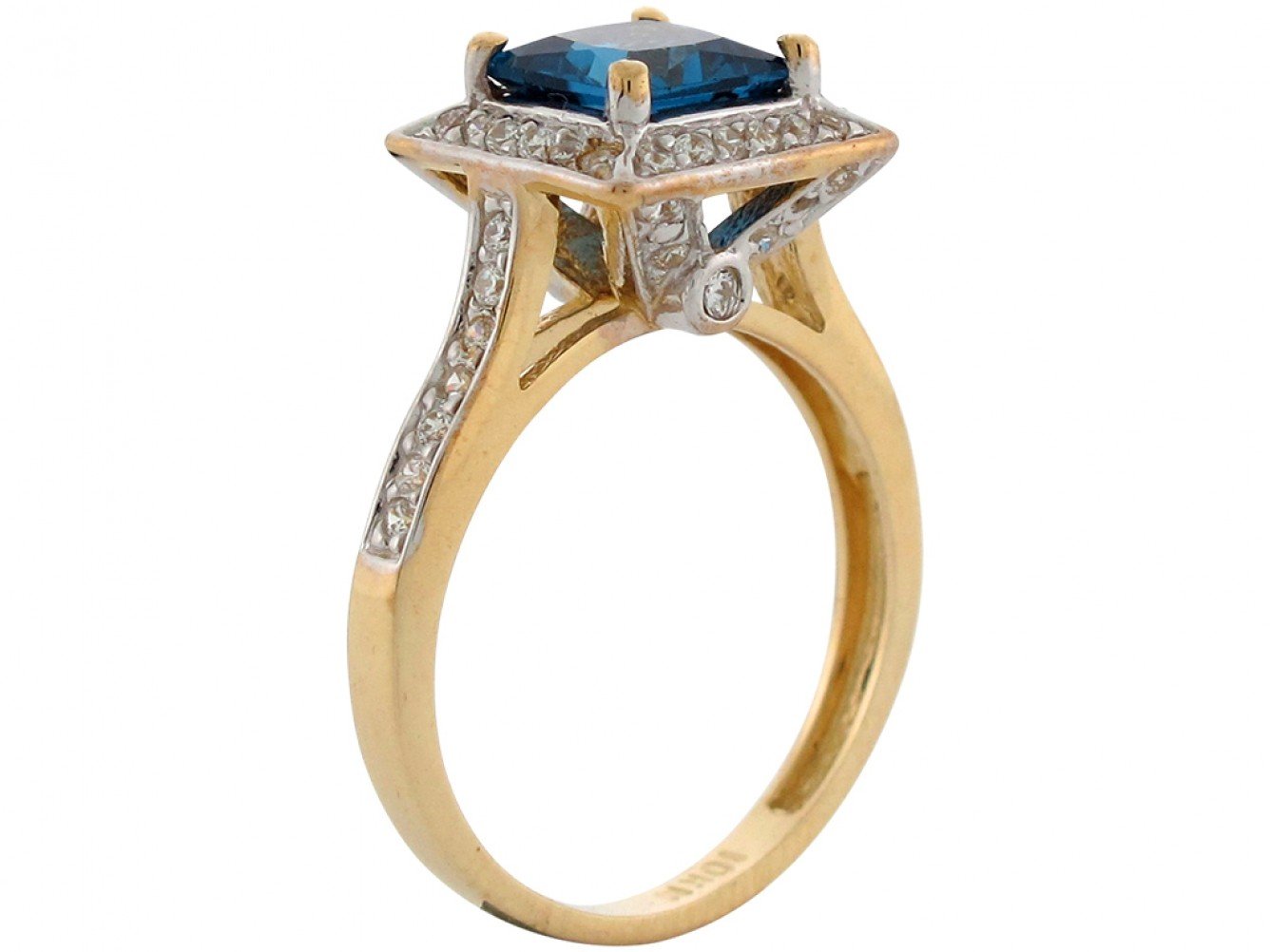 10k Two Tone Gold Simulated Blue Zircon White CZ December Birthstone Ladies Ring