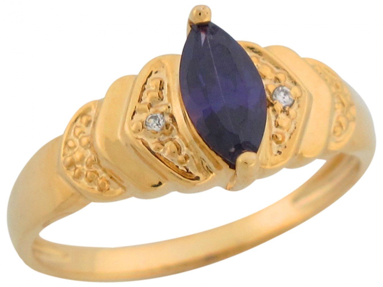 10k Yellow Gold Marquise Cut Amethyst Diamond Accents Modern Design Ladies Ring