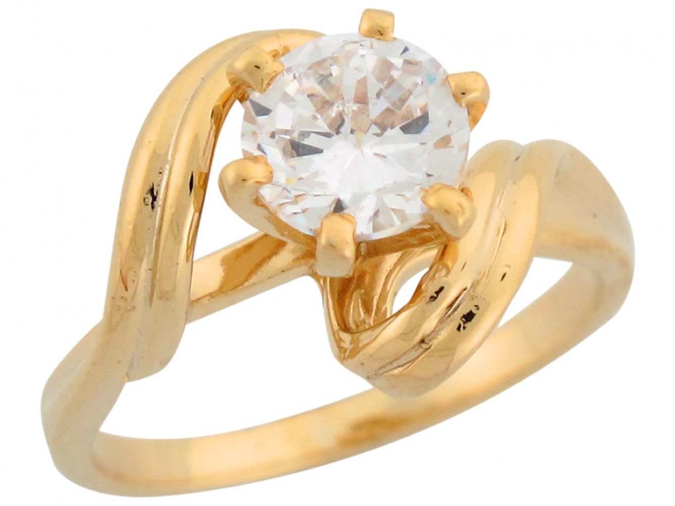 10k Yellow Gold White CZ Solitaire Swirl Design Ladies Engagement Ring