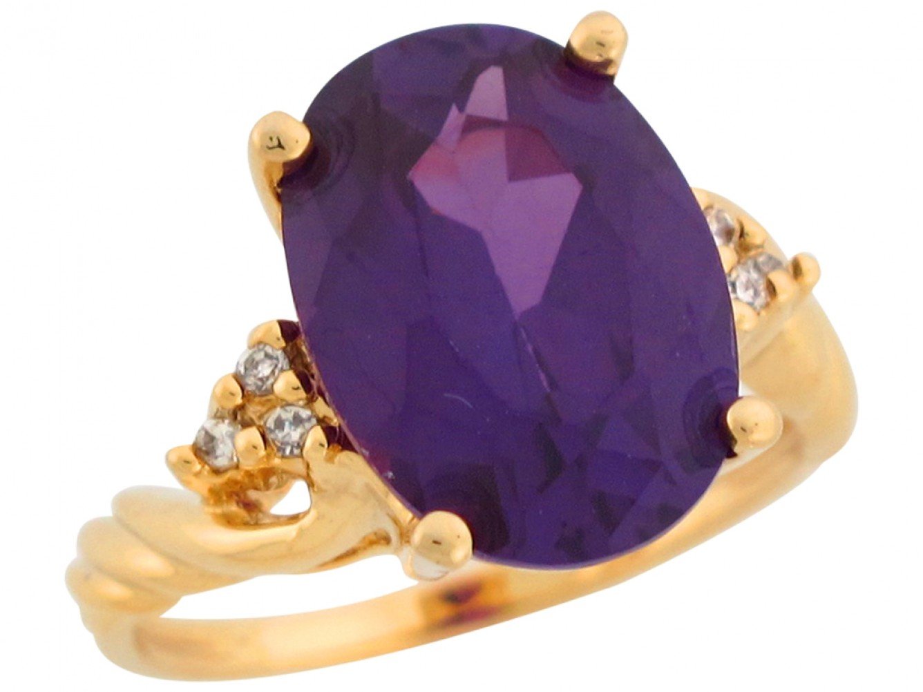 10k Yellow Gold Simulated Amethyst White CZ Twisted Band Ladies Ring