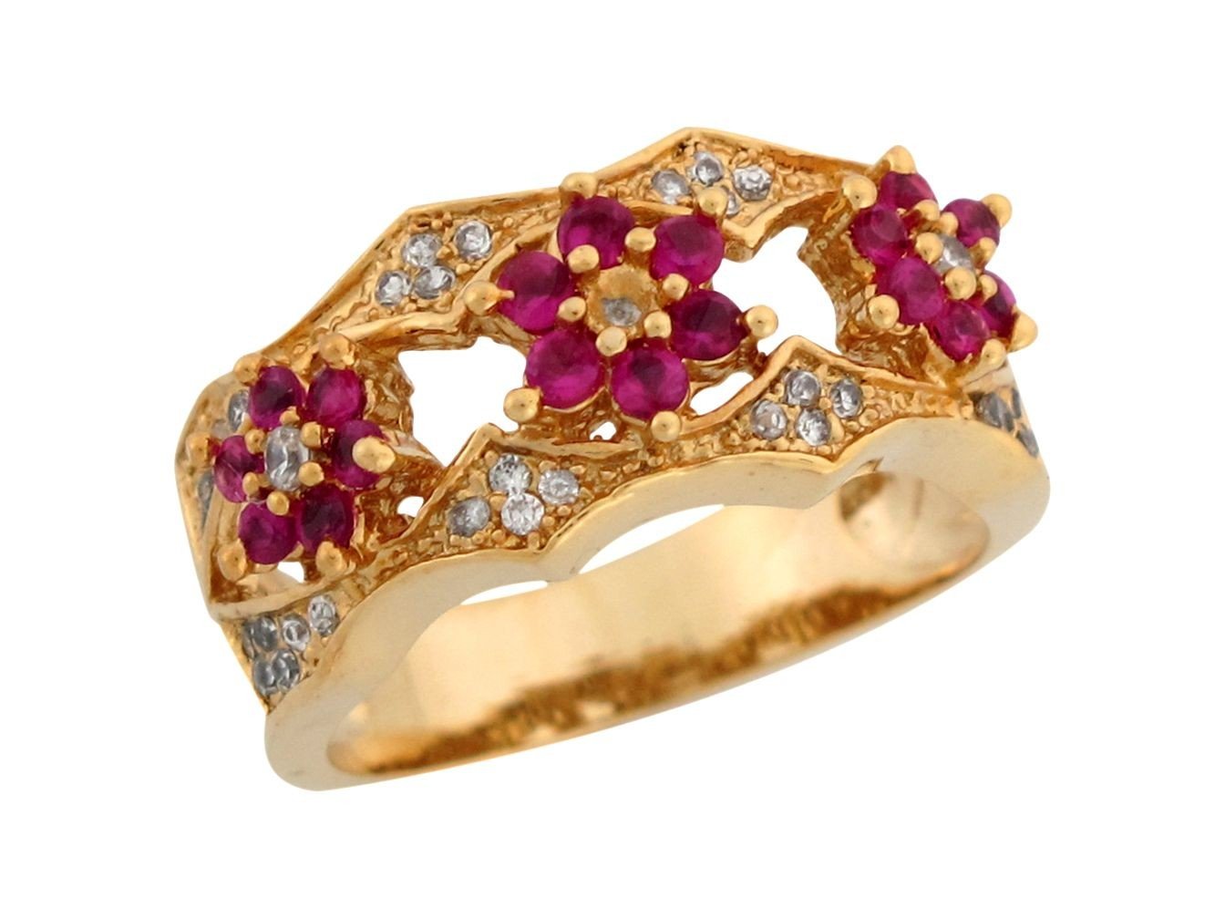 10k Yellow Gold Simulated Ruby and White CZ Antique Flower Design Ladies Ring