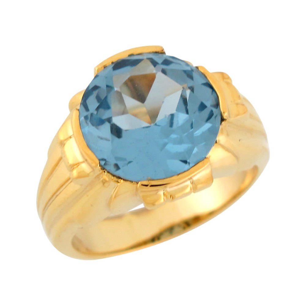 10k Yellow Gold Round Cut Simulated Aquamarine Contemporary Wide Band Ring